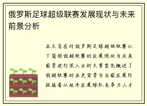 俄罗斯足球超级联赛发展现状与未来前景分析