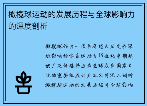 橄榄球运动的发展历程与全球影响力的深度剖析