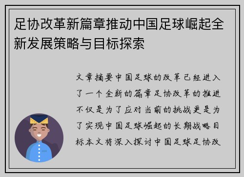 足协改革新篇章推动中国足球崛起全新发展策略与目标探索